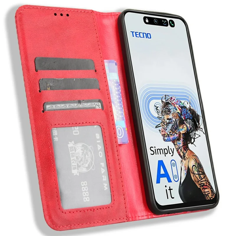 For TECNO Spark 30 5G KL8 / Pova 6 Neo 5G Leather Case Wallet Stand Retro Texture Phone Cover - Red