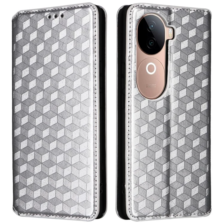 Бумажник-чехол для vivo V40e 5G / iQOO Z9s 5G с ромбовидным тиснением, кожаный - серебристый