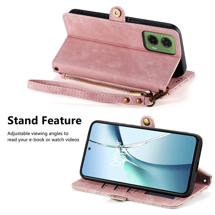 Étui portefeuille zippé avec motif géométrique pour Motorola Moto G35 5G - Rose