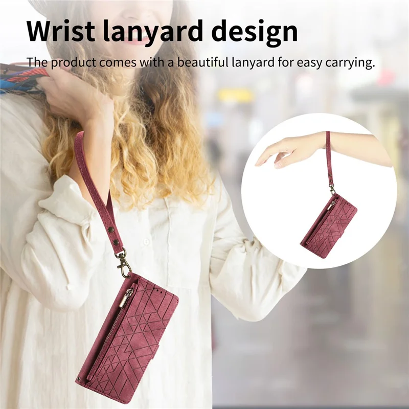 For Motorola Moto G35 5G Zipper Wallet Case Geometry Lines Leather Phone Cover with Strap - Red