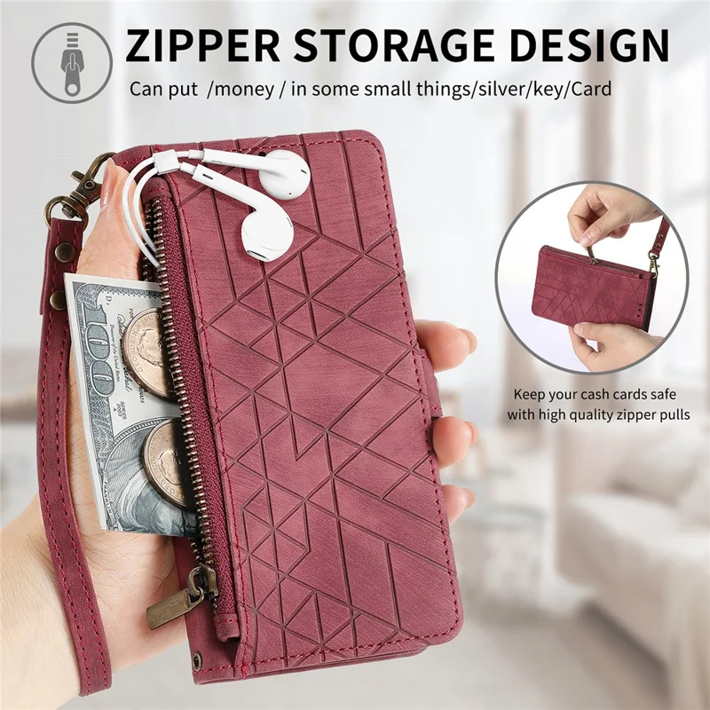 For Motorola Moto G35 5G Zipper Wallet Case Geometry Lines Leather Phone Cover with Strap - Red
