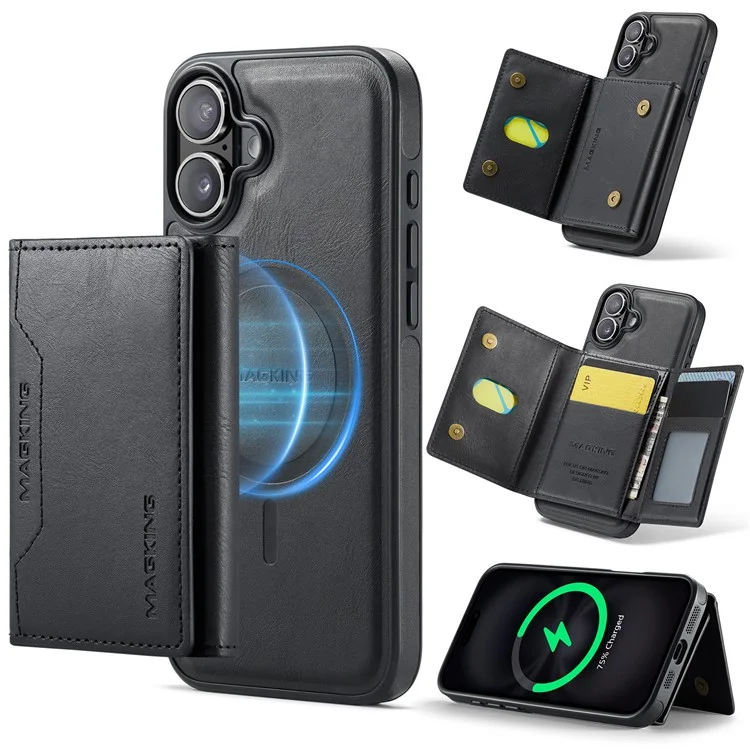 MAGKING K2-Serie für iPhone 16 Hülle kompatibel mit MagSafe PC+TPU+PU Handyhülle - Schwarz