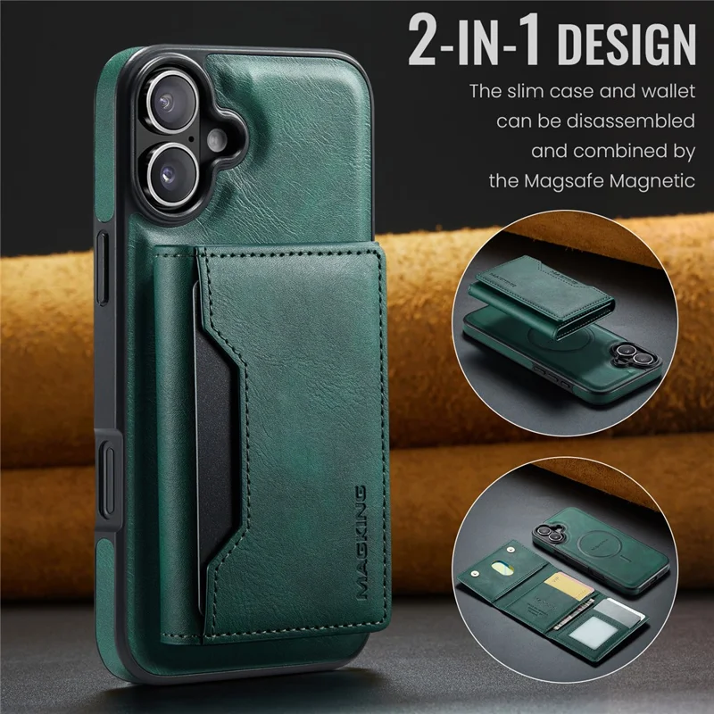 MAGKING K2 Series For iPhone 16 Plus Case Compatible with MagSafe PC+TPU+PU Phone Cover - Green
