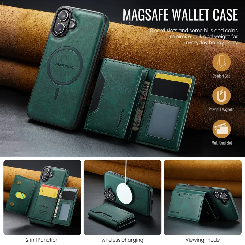 MAGKING K2 Series For iPhone 16 Plus Case Compatible with MagSafe PC+TPU+PU Phone Cover - Green
