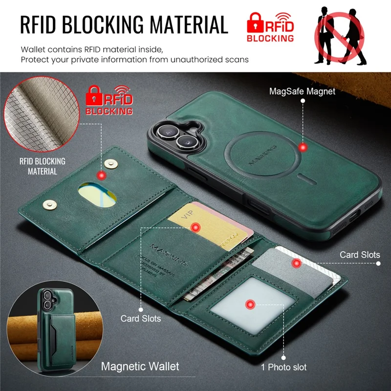 MAGKING K2 Series For iPhone 16 Plus Case Compatible with MagSafe PC+TPU+PU Phone Cover - Green