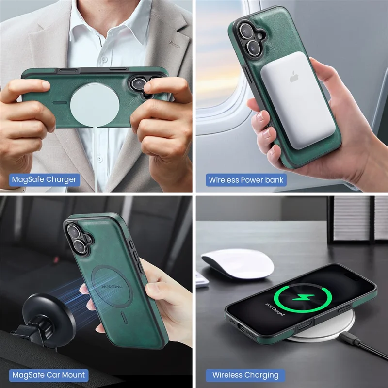 MAGKING K2 Series For iPhone 16 Plus Case Compatible with MagSafe PC+TPU+PU Phone Cover - Green