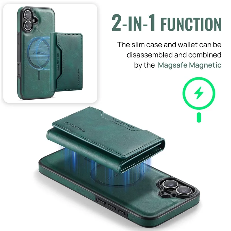MAGKING K2 Series For iPhone 16 Plus Case Compatible with MagSafe PC+TPU+PU Phone Cover - Green