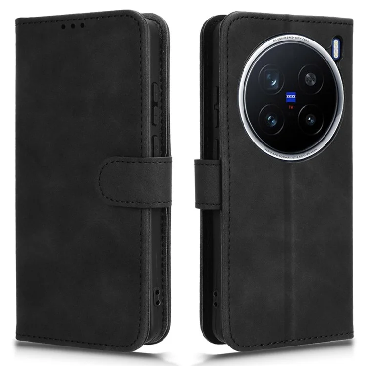 Capa de couro para vivo X200 Pro 5G com sensação de pele, anti-queda e carteira flip - Preto
