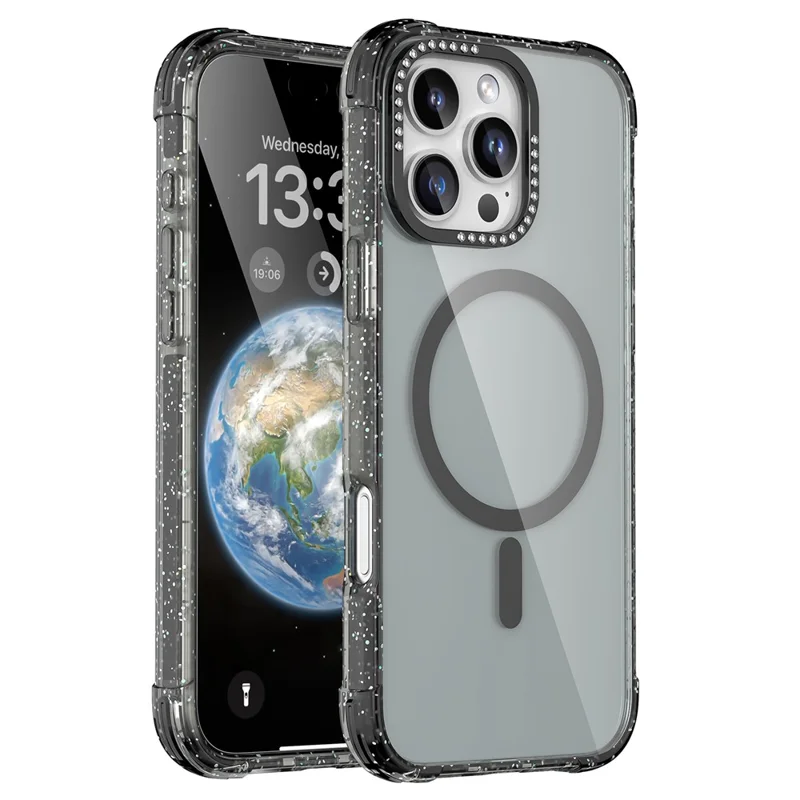 MUTURAL For iPhone 16 Pro Max Case Compatible with MagSafe Rhinestone PC+TPU Back Cover - Black