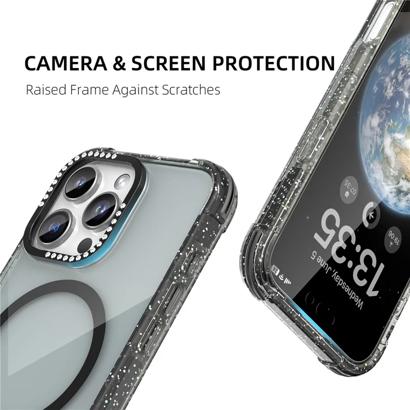 MUTURAL For iPhone 16 Pro Max Case Compatible with MagSafe Rhinestone PC+TPU Back Cover - Black