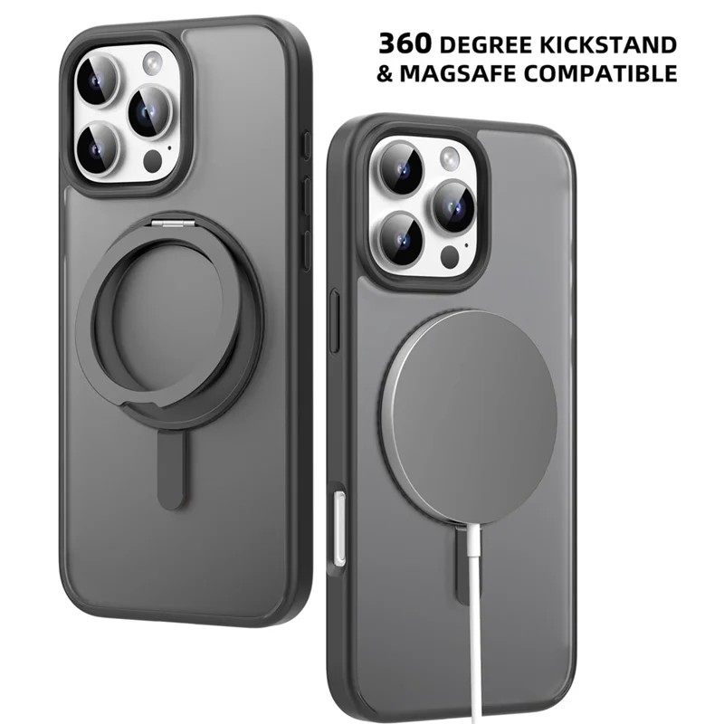 MUTURAL Hülle für iPhone 16 Pro Max, kompatibel mit MagSafe-Ring, Ständer, PC+TPU-Rückseite - Schwarz