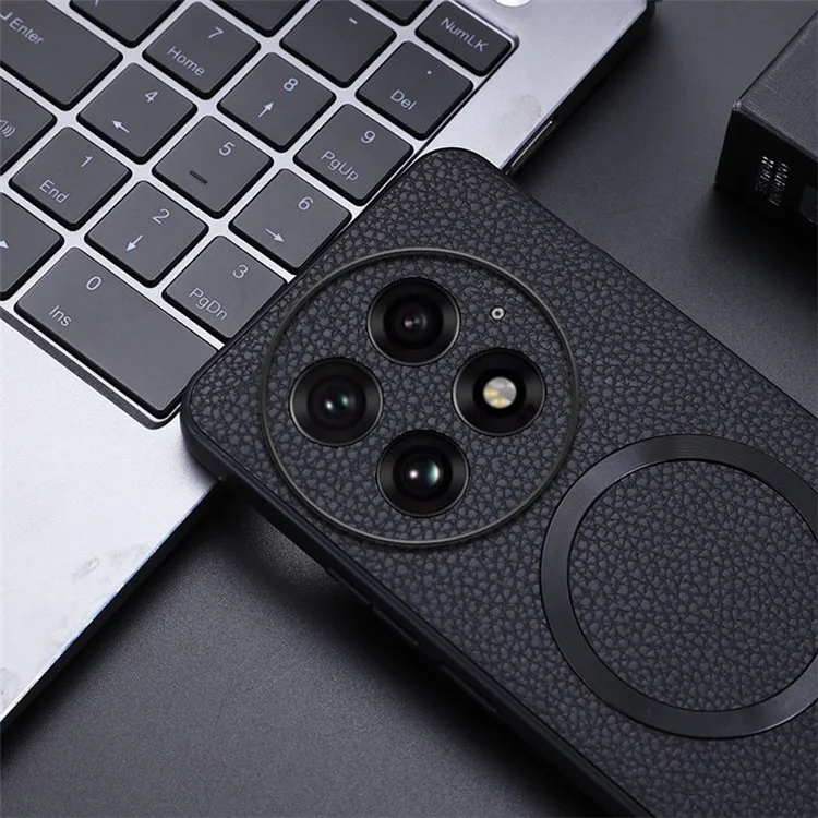 Capa para OnePlus 13 compatível com MagSafe, em couro PU + capa traseira de TPU - Preta