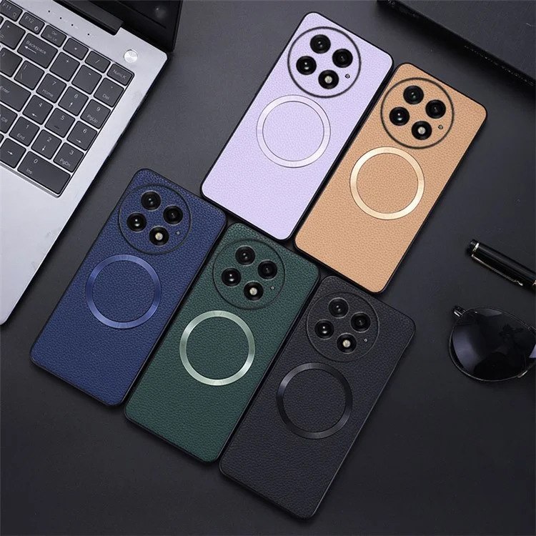 Capa para OnePlus 13 compatível com MagSafe, em couro PU + capa traseira de TPU - Preta