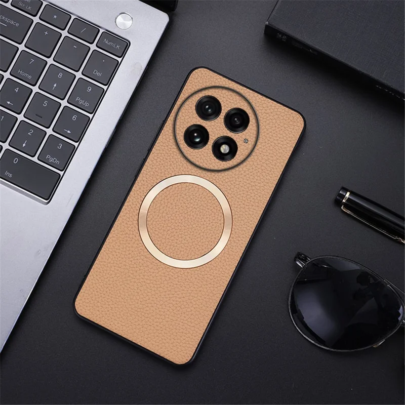 For OnePlus 13 Magnetic Case Litchi Texture PU Leather+TPU Phone Back Cover - Gold