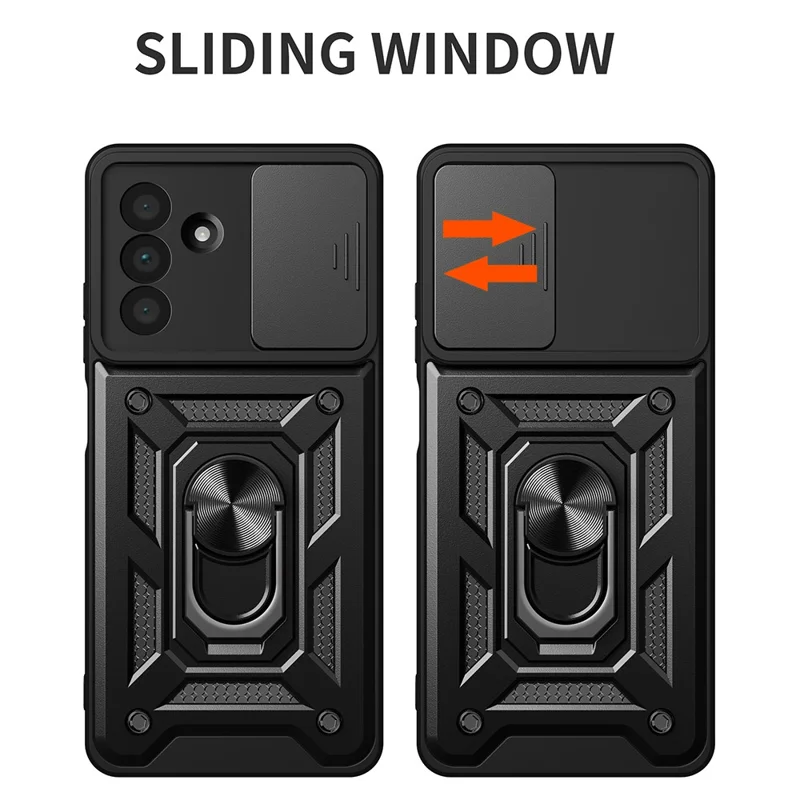 For Samsung Galaxy A36 5G Case with Slide Camera Lid PC+TPU Kickstand Phone Cover - Black