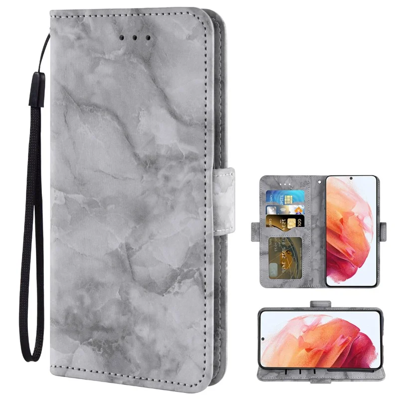 Phone Case for Samsung Galaxy S22 5G, Marble Pattern Dual Magnetic Clasp PU Leather Stand Flip Wallet Cover - Grey