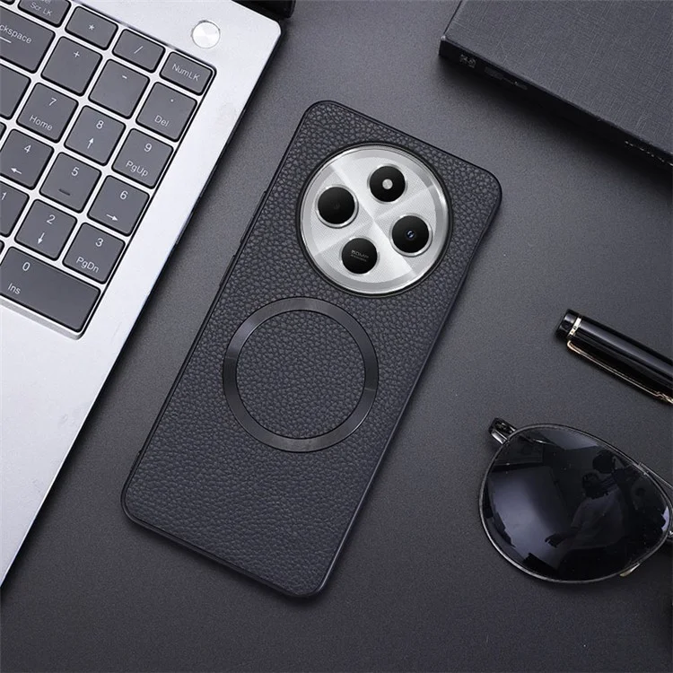 Coque de téléphone pour Xiaomi Redmi 14C 4G / 14R 5G / Poco C75 4G compatible avec MagSafe, en cuir PU et TPU - Noir