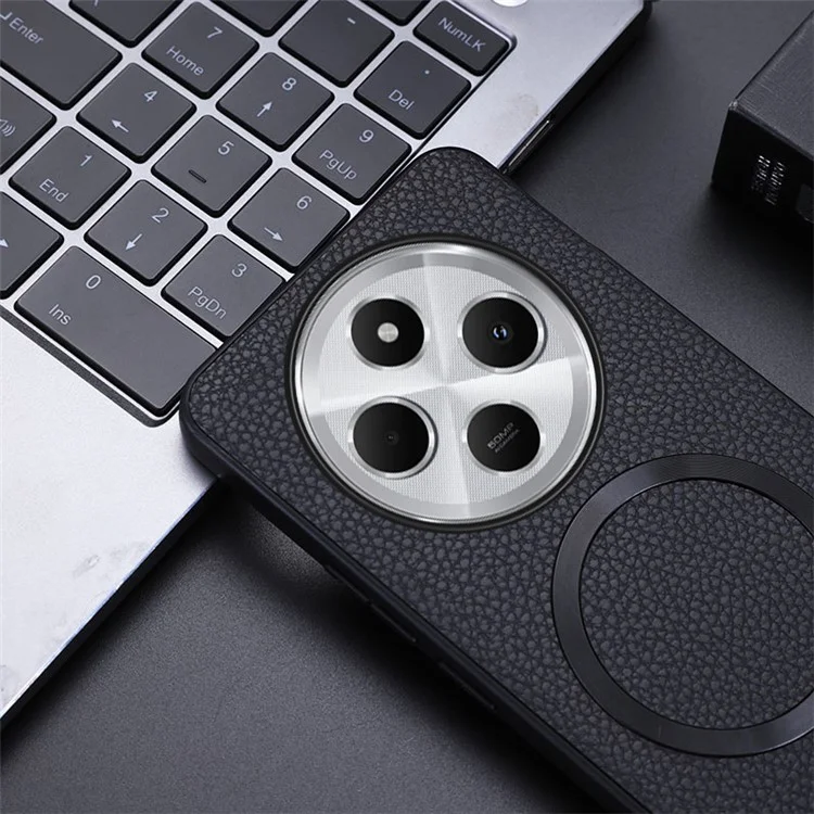 Coque de téléphone pour Xiaomi Redmi 14C 4G / 14R 5G / Poco C75 4G compatible avec MagSafe, en cuir PU et TPU - Noir