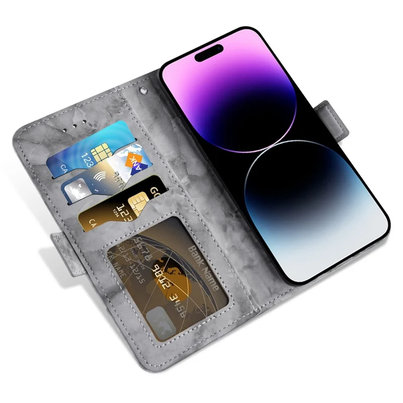 For iPhone 14 Pro Marble Pattern Stand Shell, Dual Magnetic Clasp PU Leather Book Style Flip Wallet Cover - Grey
