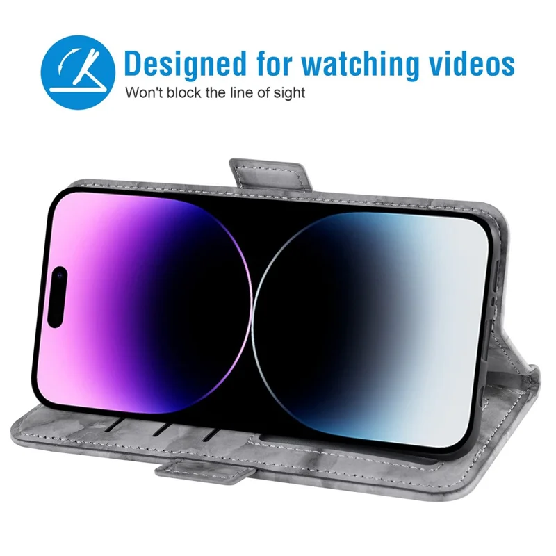 For iPhone 14 Pro Marble Pattern Stand Shell, Dual Magnetic Clasp PU Leather Book Style Flip Wallet Cover - Grey