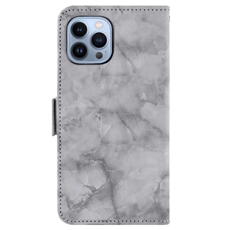 For iPhone 14 Pro Marble Pattern Stand Shell, Dual Magnetic Clasp PU Leather Book Style Flip Wallet Cover - Grey