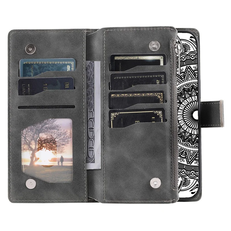 Style 006 für Google Pixel 9a Handyhülle Mandala Blumenmuster PU-Leder Reißverschluss Brieftasche Ständer Abdeckung - Grau