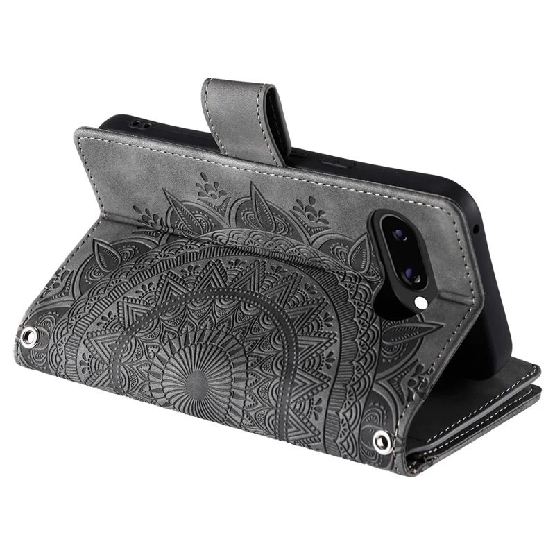 Style 006 für Google Pixel 9a Handyhülle Mandala Blumenmuster PU-Leder Reißverschluss Brieftasche Ständer Abdeckung - Grau