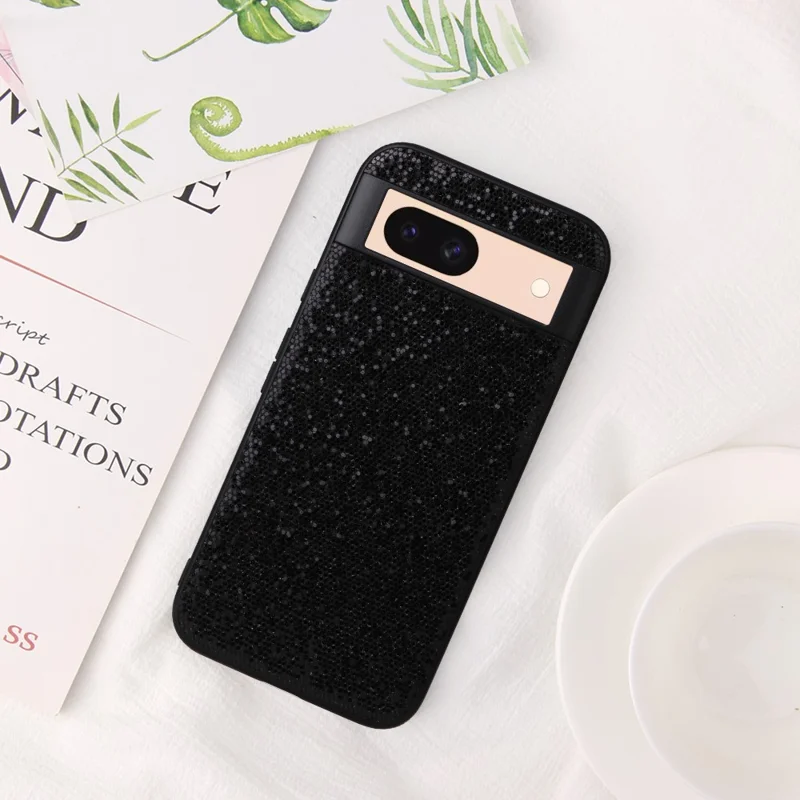 For Google Pixel 8a Case PU Leather+TPU+PC Phone Back Cover - Black Glittery Sequins