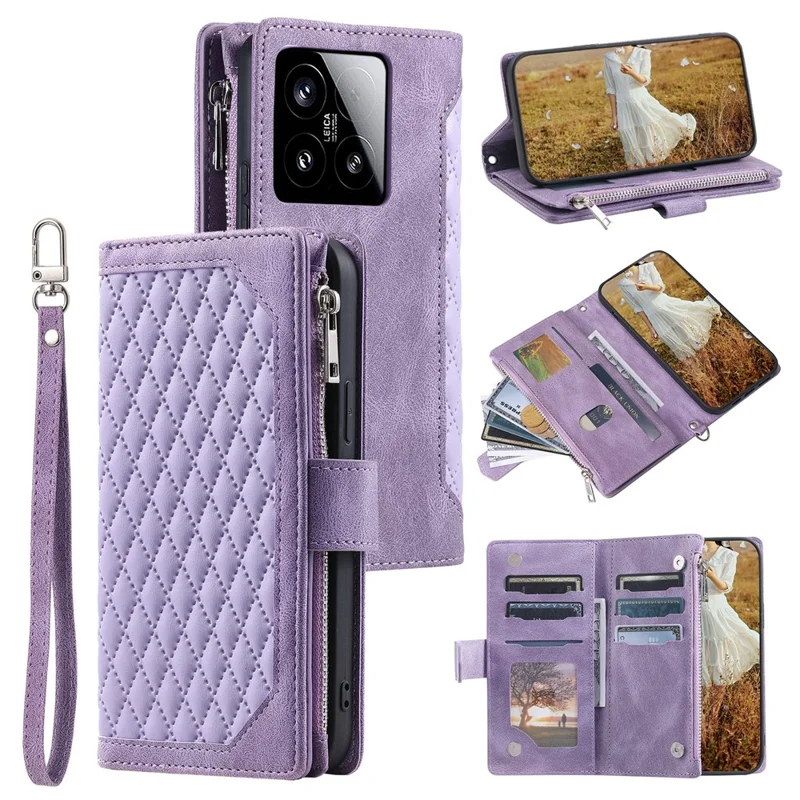 Style 005 For Xiaomi 15 Wallet Case Rhombus Stitching Line PU Leather Phone Cover - Purple