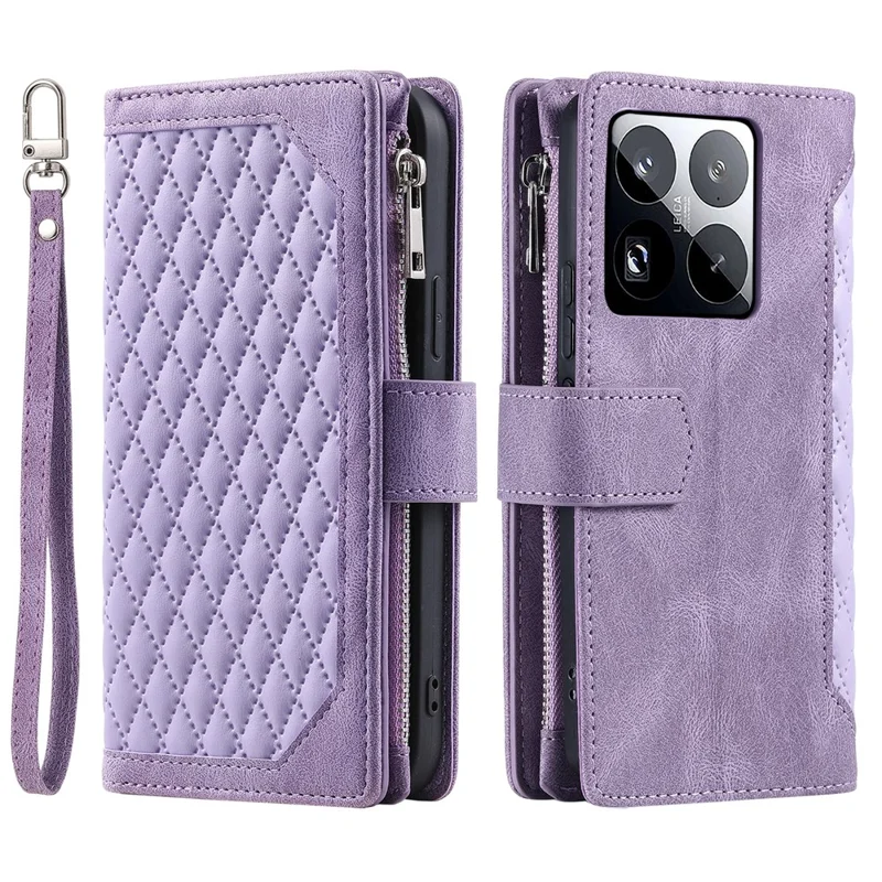 Style 005 For Xiaomi 15 Pro Wallet Case Rhombus Stitching Line PU Leather Phone Cover - Purple