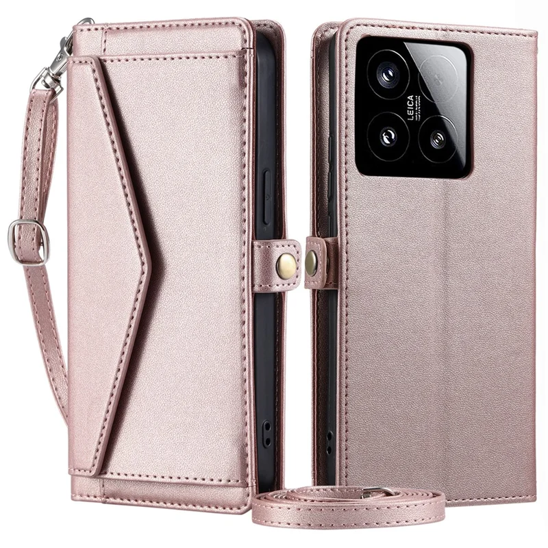 For Xiaomi 15 Leather Case Wallet Stand Phone Cover with Straps - Rose Gold