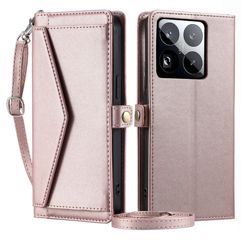 For Xiaomi 15 Pro Leather Case Wallet Stand Phone Cover with Straps - Rose Gold
