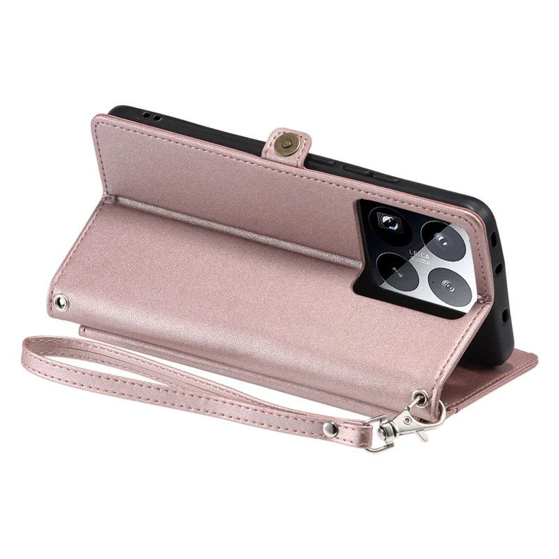 For Xiaomi 15 Pro Leather Case Wallet Stand Phone Cover with Straps - Rose Gold