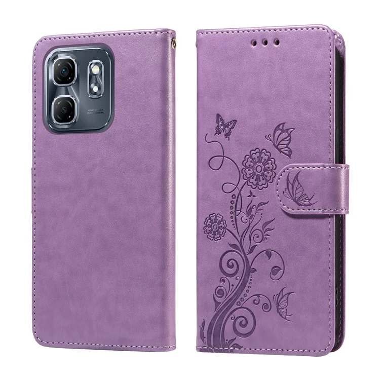 Custodia in pelle per Infinix Hot 50i 4G / Smart 9 4G, motivo a farfalla e fiori, con supporto - Viola