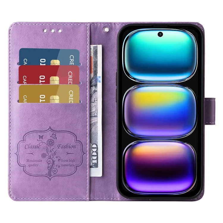 Custodia in pelle per Infinix Hot 50i 4G / Smart 9 4G, motivo a farfalla e fiori, con supporto - Viola