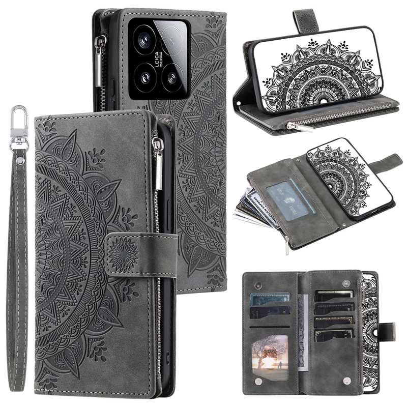 Style 006 For Xiaomi 15 Wallet Case PU Leather Phone Cover Mandala Flower Pattern - Grey
