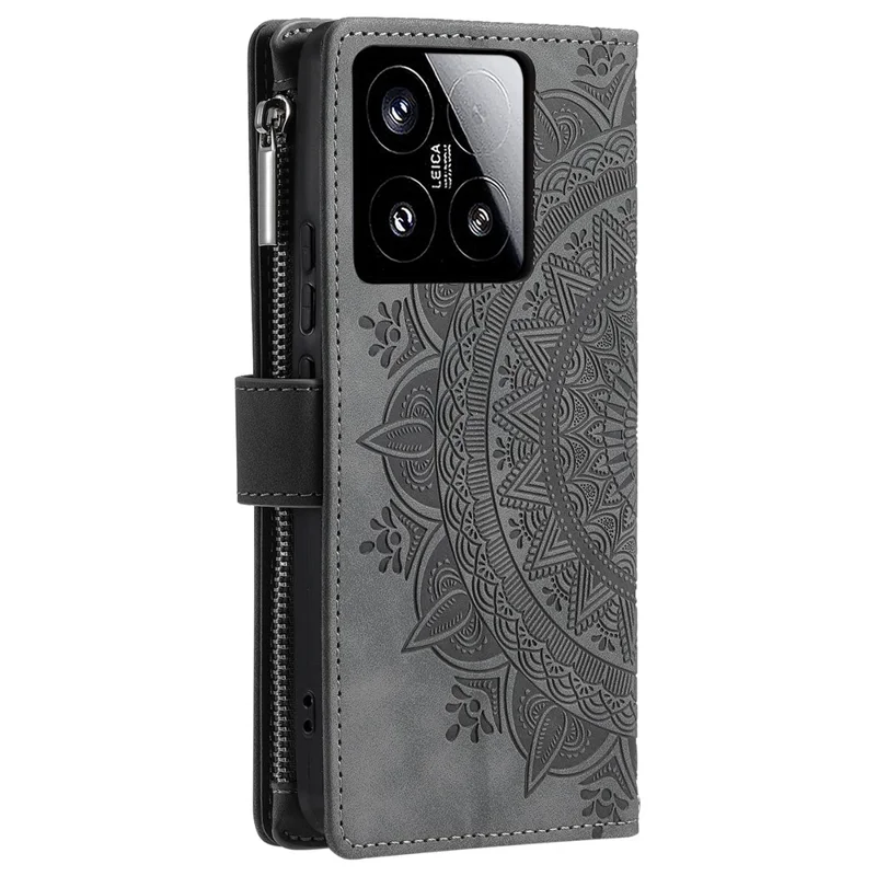 Style 006 For Xiaomi 15 Wallet Case PU Leather Phone Cover Mandala Flower Pattern - Grey