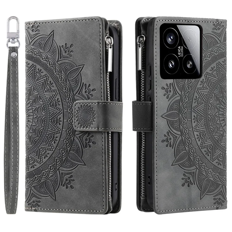 Style 006 For Xiaomi 15 Wallet Case PU Leather Phone Cover Mandala Flower Pattern - Grey