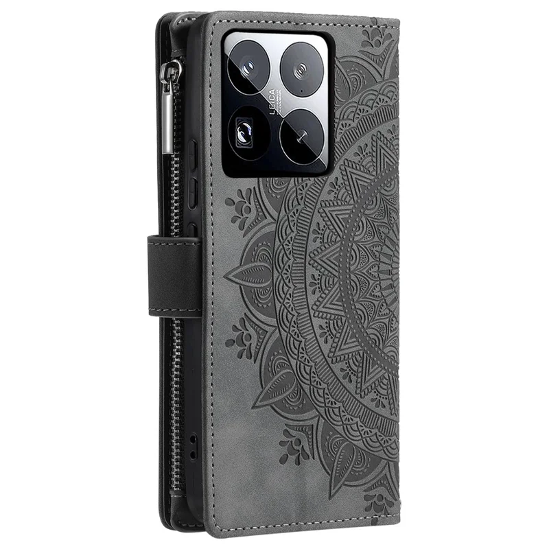 Style 006 För Xiaomi 15 Pro Plånboksfodral PU-läder Mobilhölje Mandalablommönster - Grå