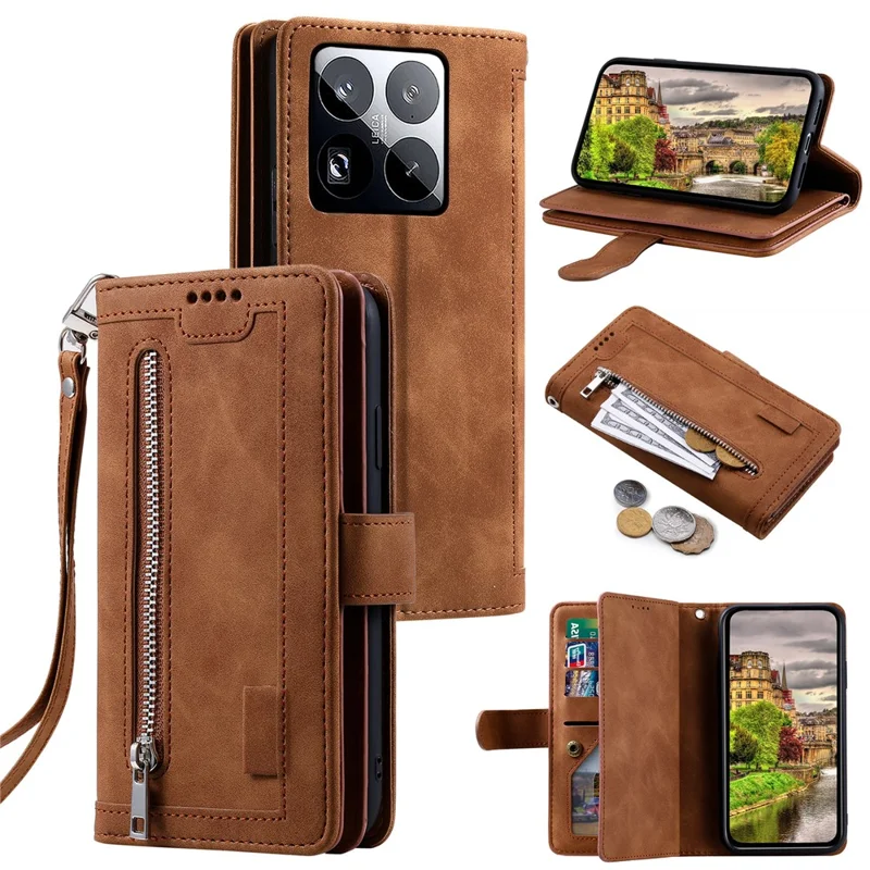 For Xiaomi 15 Pro Case PU Leather Phone Cover with Zipper Wallet 9 Card Slots - Brown