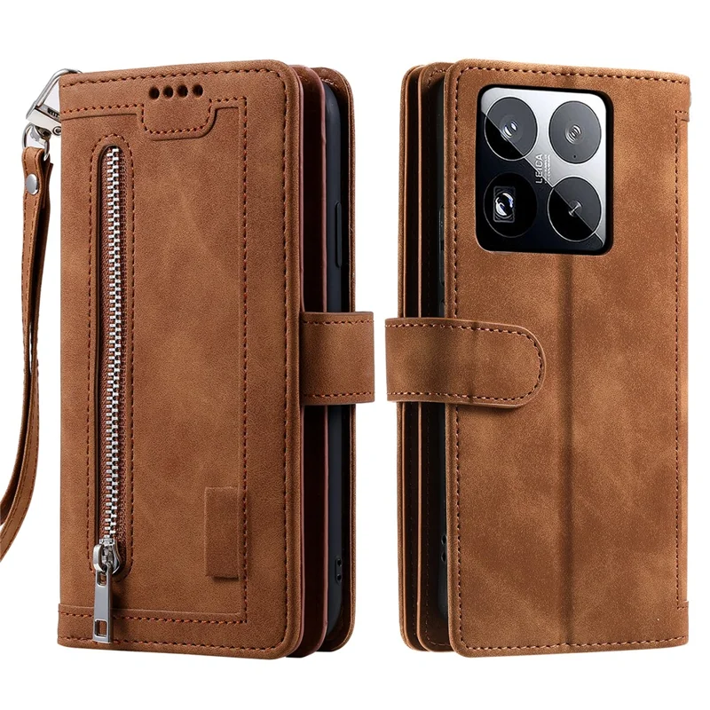 For Xiaomi 15 Pro Case PU Leather Phone Cover with Zipper Wallet 9 Card Slots - Brown