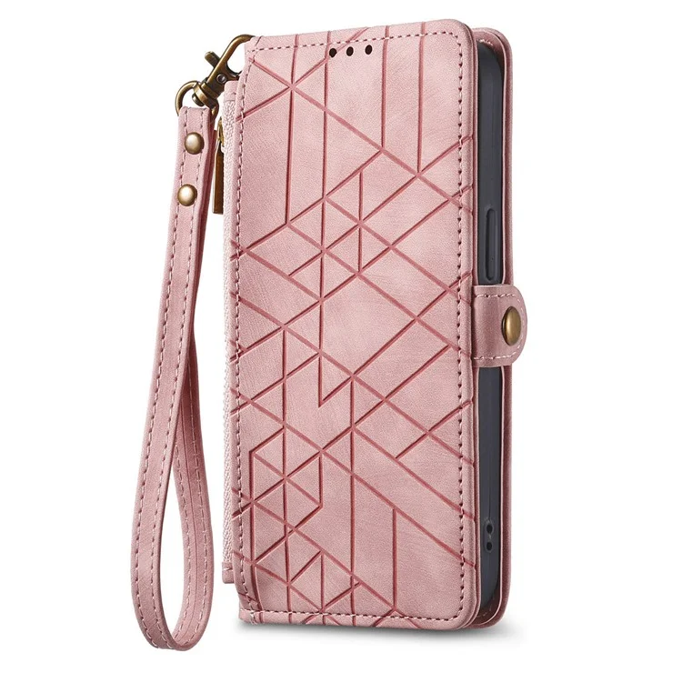 For Samsung Galaxy A56 5G Case Zipper Wallet Geometry Lines Leather Phone Cover - Pink