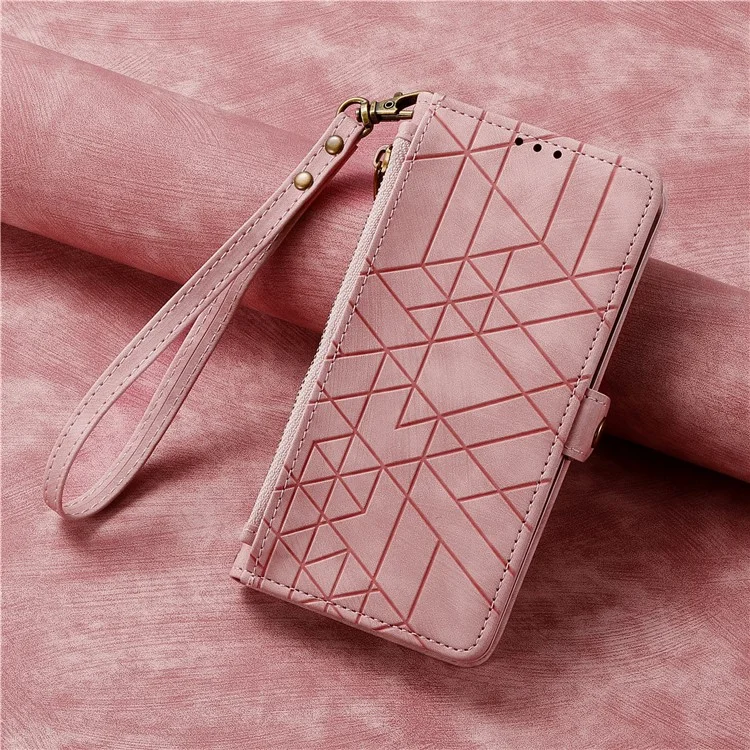 For Samsung Galaxy A56 5G Case Zipper Wallet Geometry Lines Leather Phone Cover - Pink