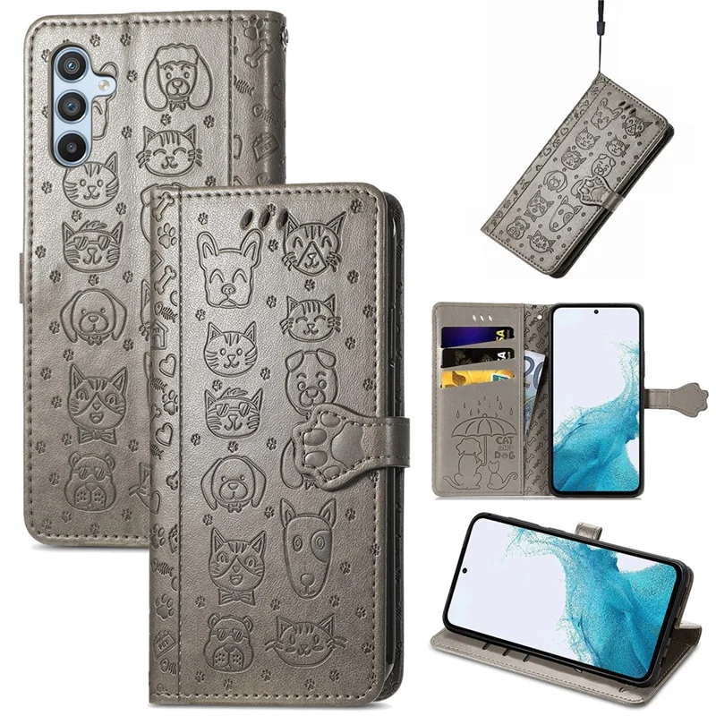 For Samsung Galaxy A36 5G Case Leather Wallet Flip Phone Cover Cute Cat Dog Pattern - Grey