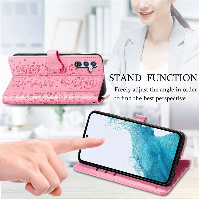 For Samsung Galaxy A56 5G Case Leather Wallet Flip Phone Cover Cute Cat Dog Pattern - Pink