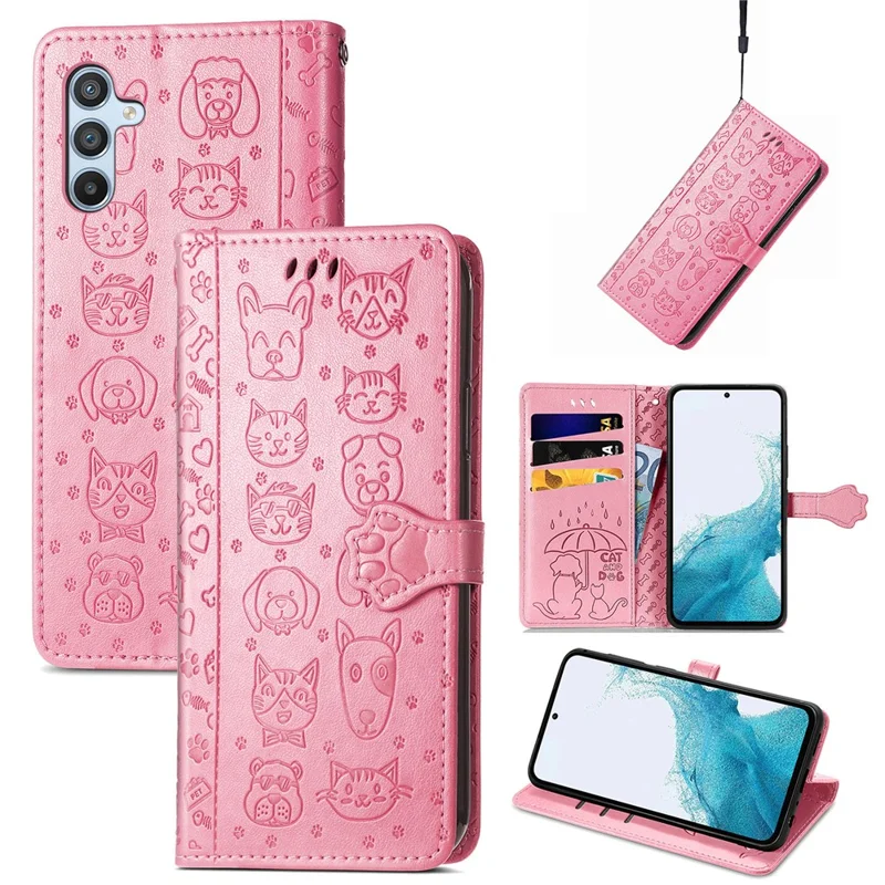 For Samsung Galaxy A56 5G Case Leather Wallet Flip Phone Cover Cute Cat Dog Pattern - Pink