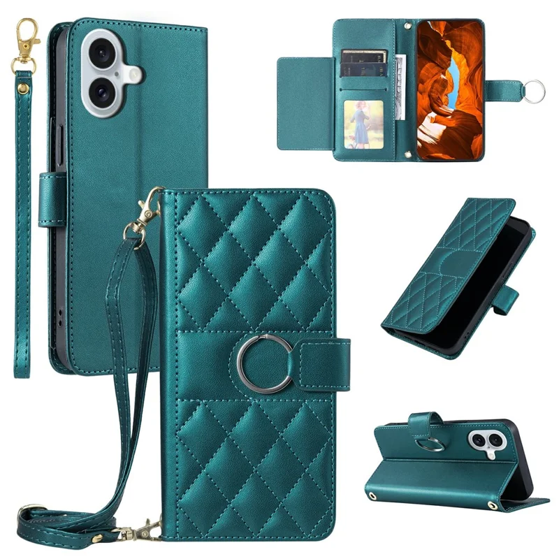 For iPhone 16 Plus Crossbody Leather Case Ring Buckle Wallet Stand Rhombus Mobile Cover - Green
