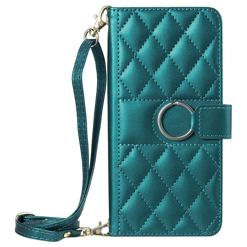 For iPhone 16 Plus Crossbody Leather Case Ring Buckle Wallet Stand Rhombus Mobile Cover - Green