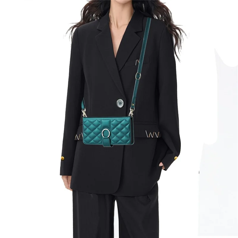 For iPhone 16 Plus Crossbody Leather Case Ring Buckle Wallet Stand Rhombus Mobile Cover - Green