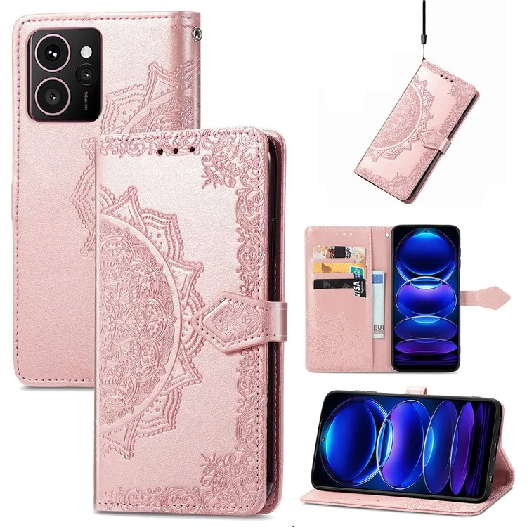Funda de cuero para teléfono con soporte y diseño de flor de mandala para HMD Skyline Wallet - Oro rosa